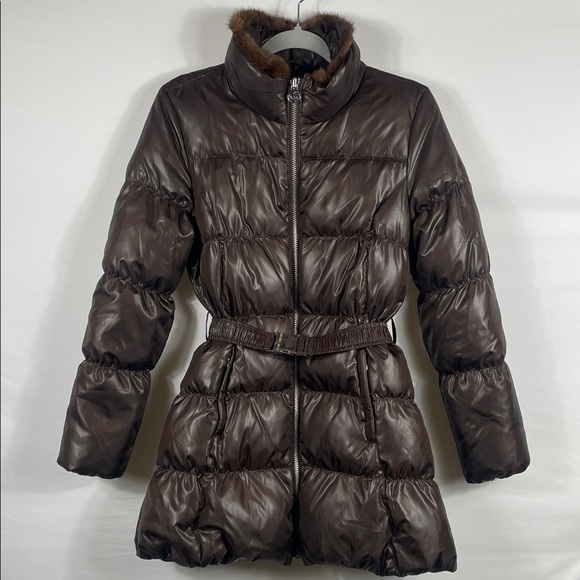 MICHAEL Michael Kors Brown Shiny Down Filled Puffer Jacket. Mink collar trim. - Picture 1 of 9
